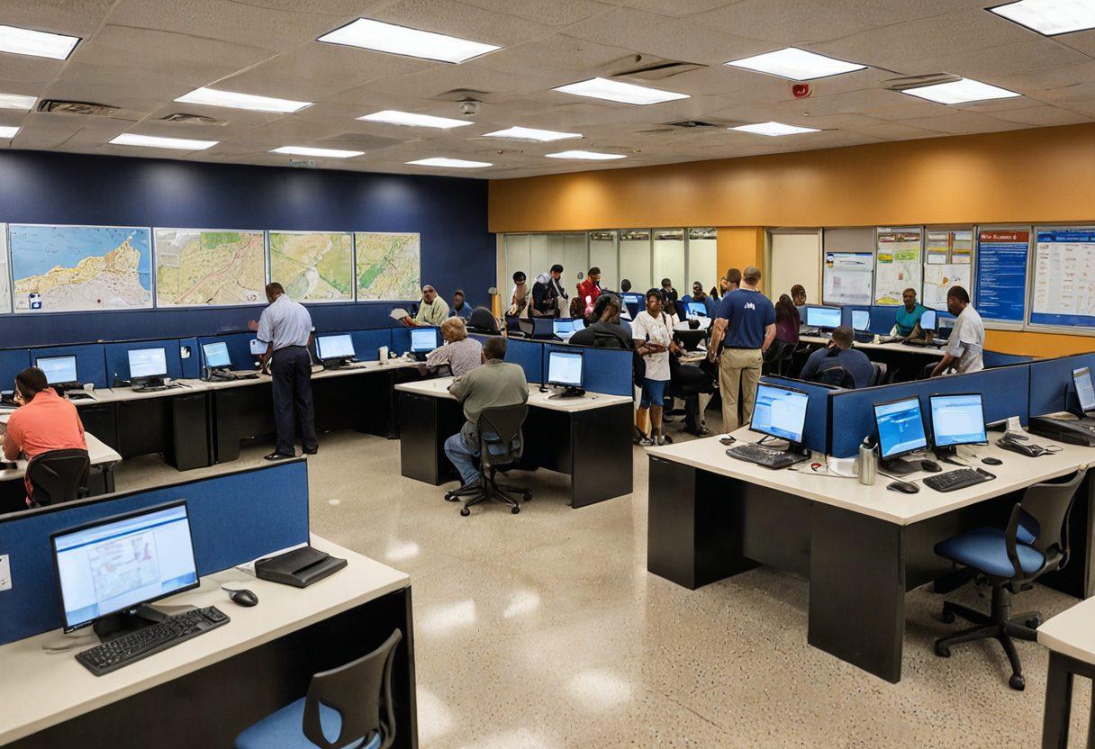 A detailed, visually engaging scene depicting a Virginia DMV office with a variety of services being offered, such as license renewals and road tests. Include a diverse group of people interacting with DMV staff, with road safety posters in the background and a large Virginia state map. Use a vibrant color palette to evoke a welcoming atmosphere. super-realistic. vibrant colors. 3D.