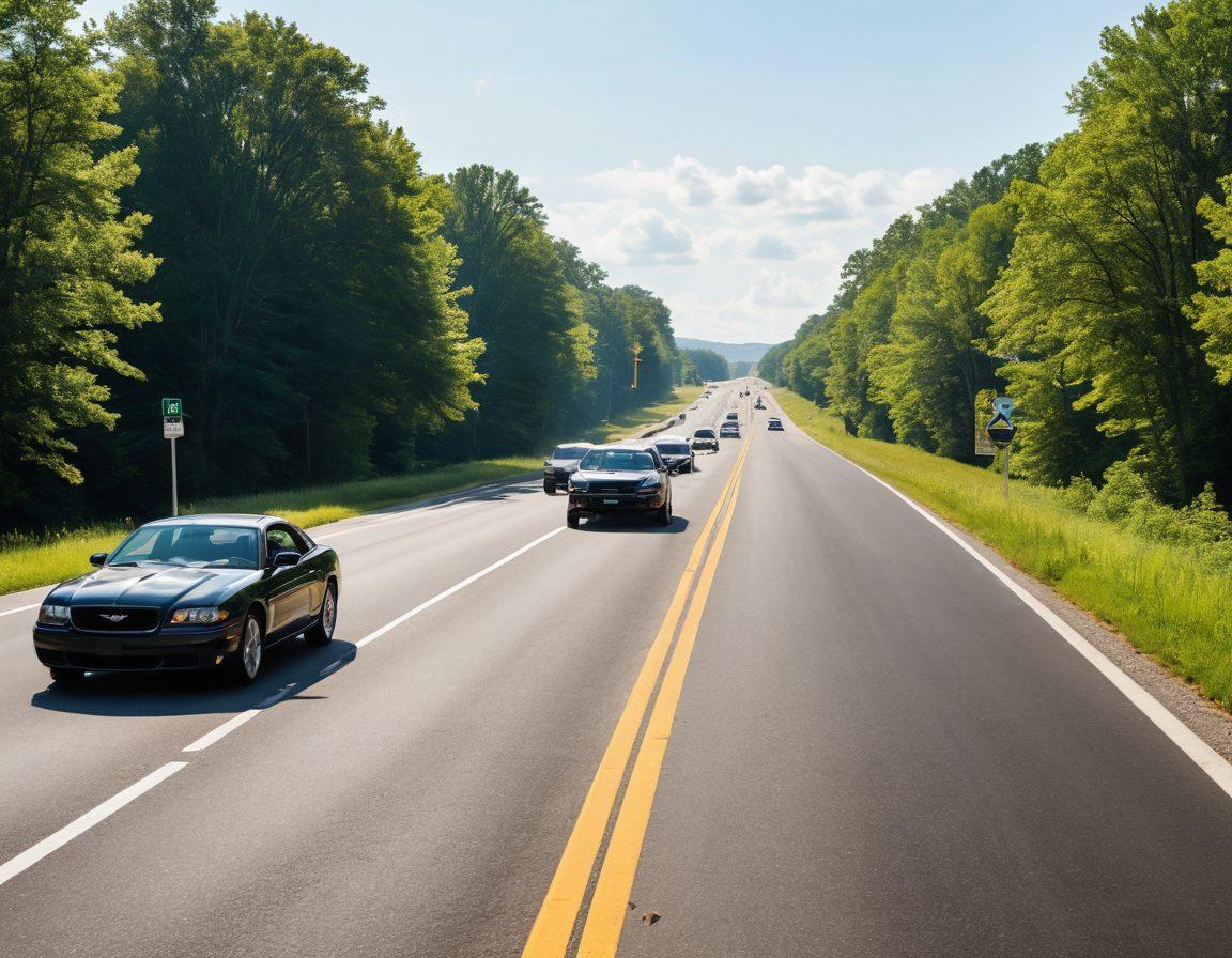 A vibrant, sunny day on a Virginia highway showcasing diverse vehicles, including cars and motorcycles, adhering to road safety rules. Include clear road signs highlighting speed limits and traffic regulations. Add a scenic backdrop of deer crossing and lush green landscapes typical of Virginia. Alternatively, feature a driver attentively checking their seatbelt and adhering to traffic lights. super-realistic. vibrant colors. white background.
