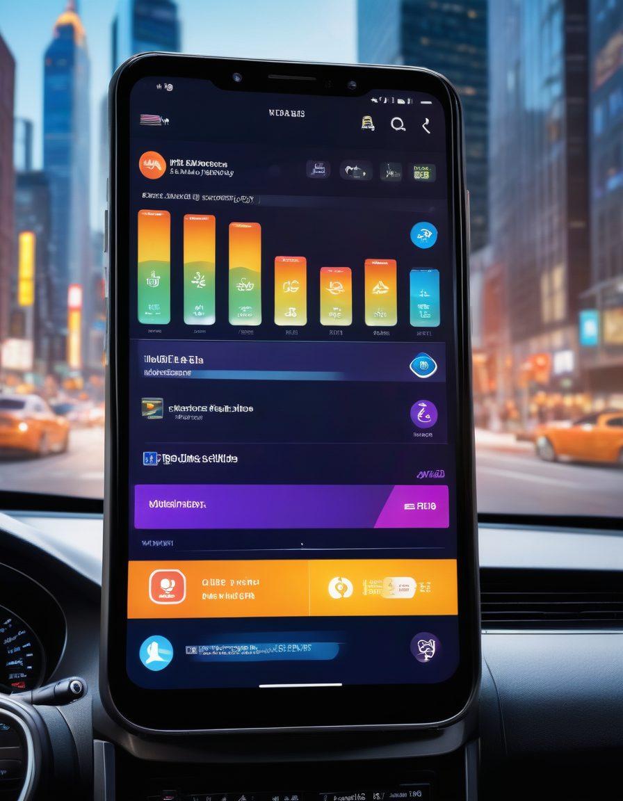 A sleek smartphone displaying a vibrant digital dashboard filled with the latest DMV news headlines, colorful icons representing various services like driver’s licenses and vehicle registrations, a notification bell ringing, and a modern cityscape in the background symbolizing accessibility. super-realistic. vibrant colors. 3D.
